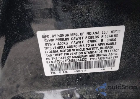 2014 Acura Ilx 2.0L from USA, damaged, VIN 19VDE1F34EE014422